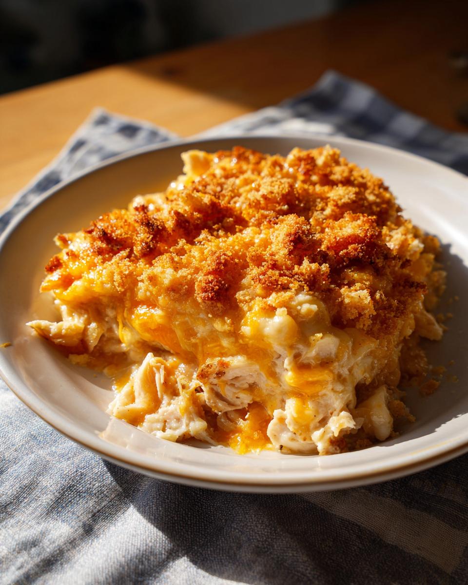 A serving of chicken bake on a plate, featuring a golden crust and creamy chicken filling.