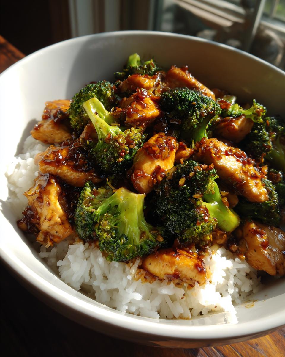 Bowl of chicken and broccoli stir-fry over rice, perfect for easy weeknight dinners.