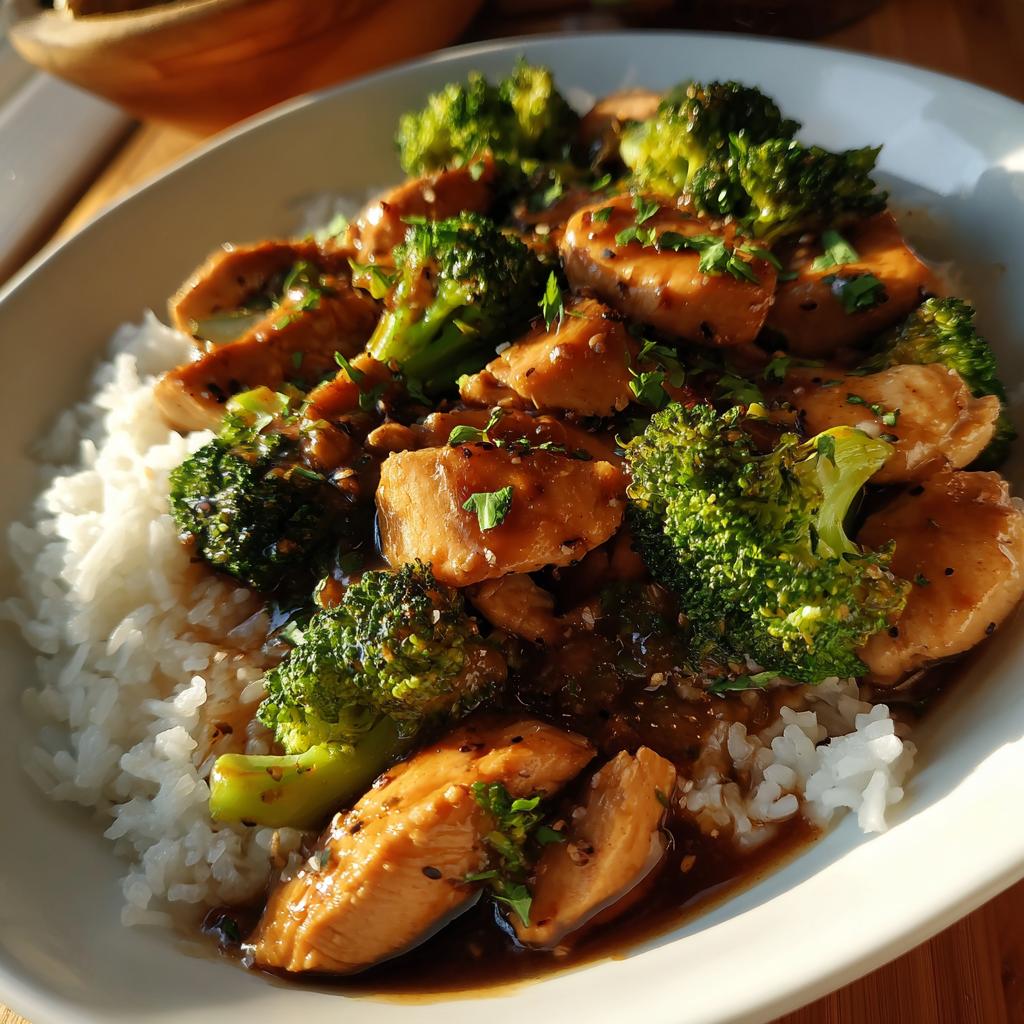 A bowl of chicken and broccoli over rice, perfect for easy weeknight dinners.