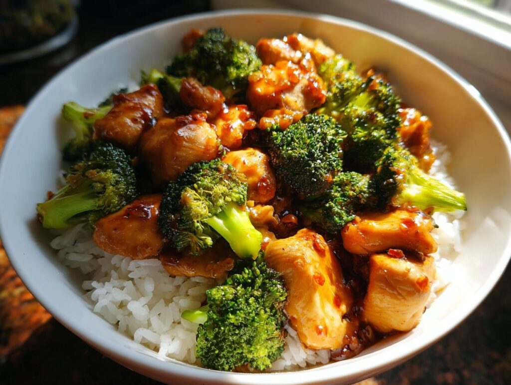 Bowl of chicken and broccoli over rice, a quick and healthy option for easy weeknight dinners.