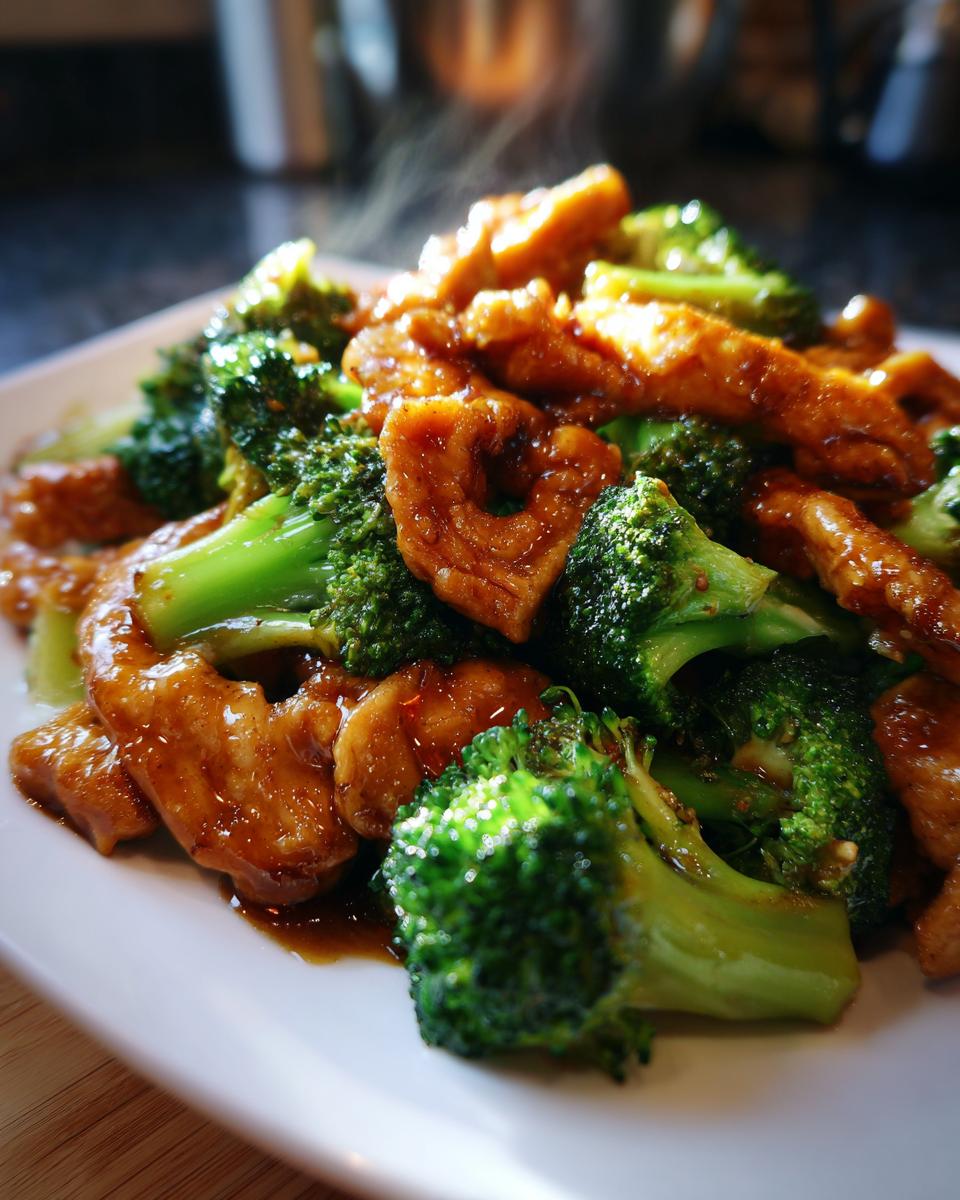 A close-up of steaming Chicken & Broccoli Stir Fry (chicken breast) coated in a glossy sauce on a white plate.
