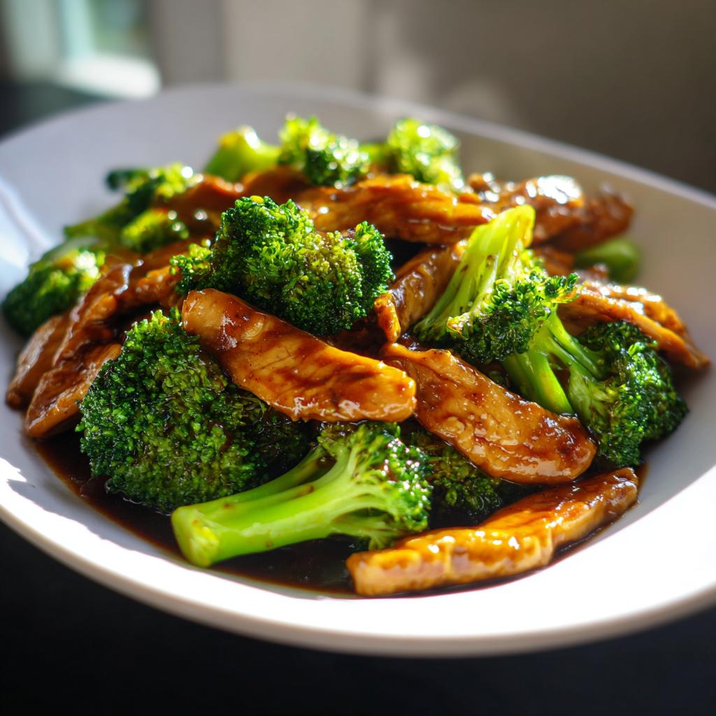 A close-up of a white bowl filled with glistening Chicken & Broccoli Stir Fry, featuring tender chicken breast pieces and vibrant broccoli florets coated in a savory sauce.