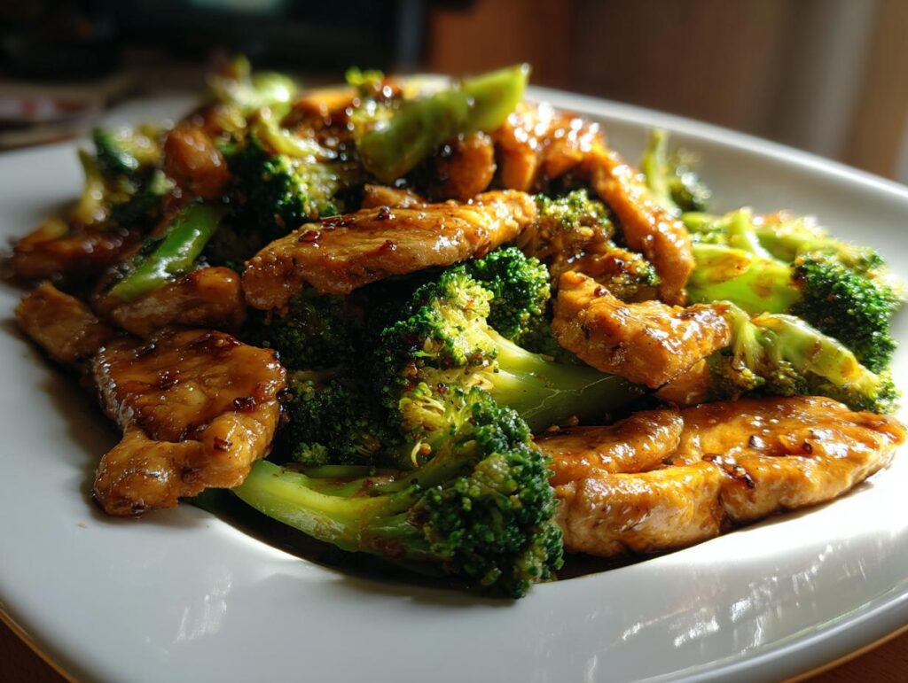 A close-up shot of a white plate filled with glistening Chicken & Broccoli Stir Fry, featuring tender chicken breast pieces and vibrant broccoli florets coated in a savory sauce.