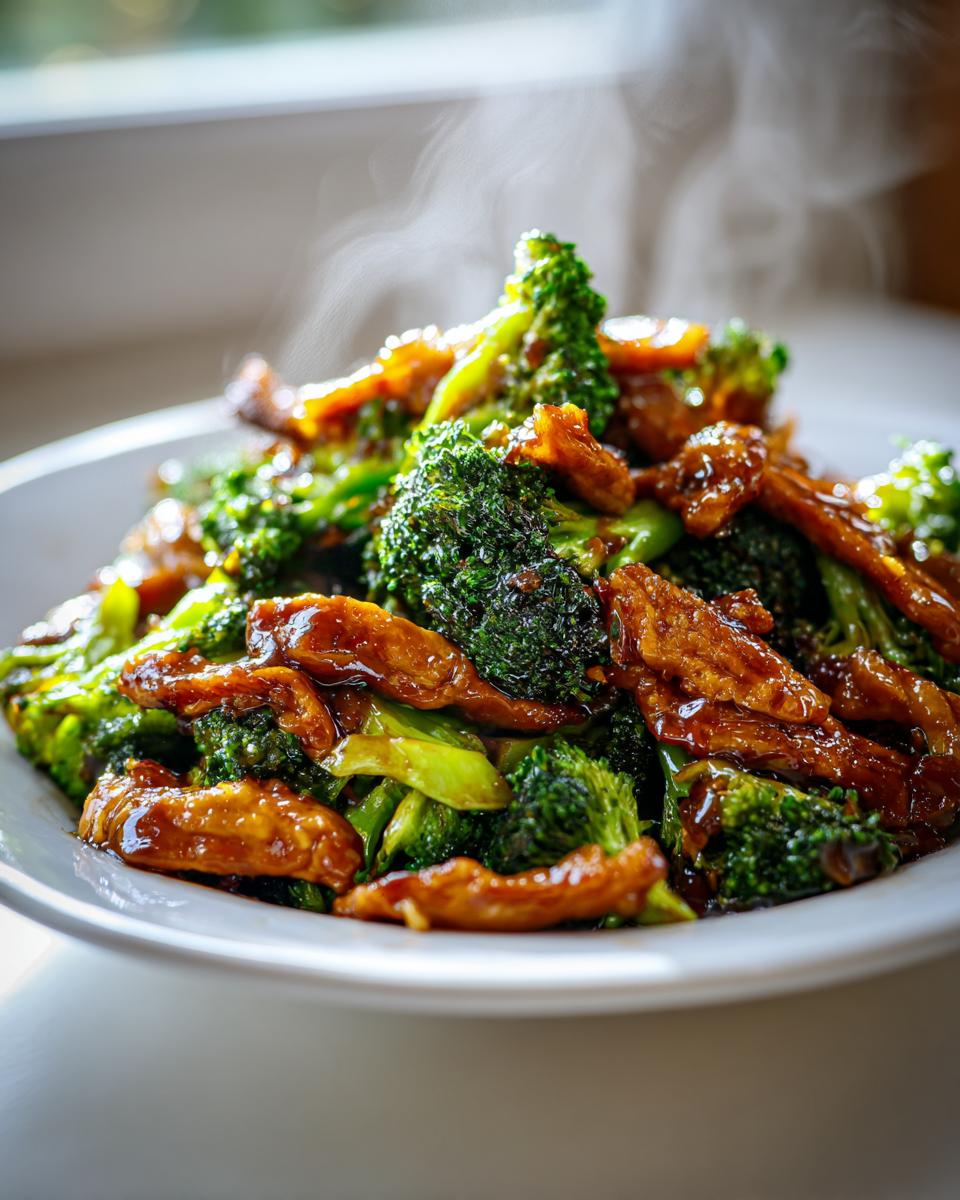 A close-up shot of a steaming bowl of Chicken & Broccoli Stir Fry, coated in a glossy sauce.