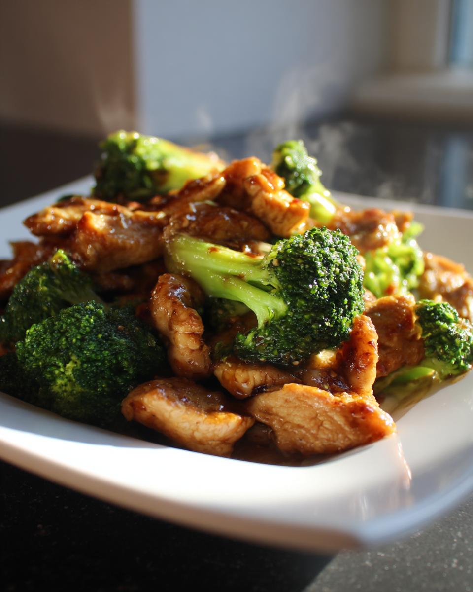 A close-up shot of a white plate filled with steaming Chicken & Broccoli Stir Fry, featuring tender chicken breast pieces and vibrant broccoli florets coated in a savory sauce.