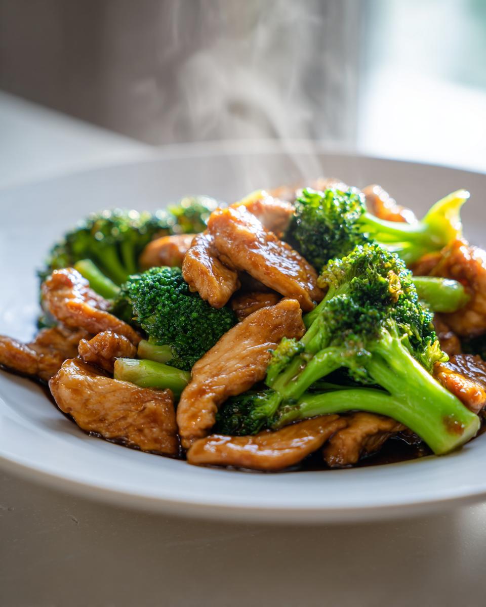 Close-up of a white plate filled with steaming Chicken & Broccoli Stir Fry, featuring tender chicken breast pieces and vibrant broccoli florets in a glossy sauce.