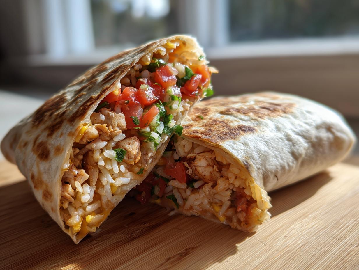A delicious chicken burrito cut in half, showcasing the rice, chicken, and tomato filling.