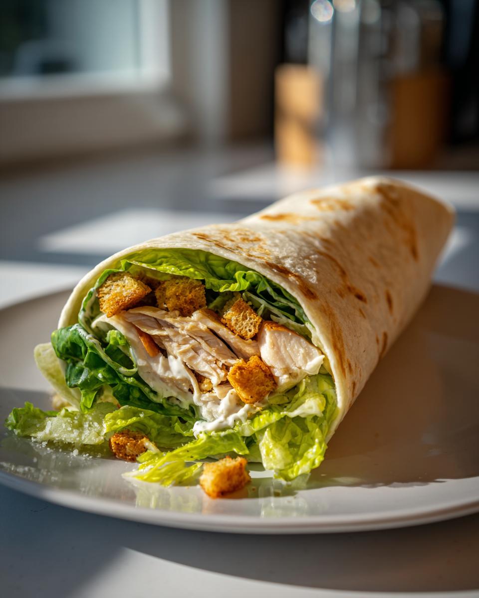 A close-up of a Chicken Caesar Wrap filled with grilled chicken, romaine lettuce, croutons, and Caesar dressing.