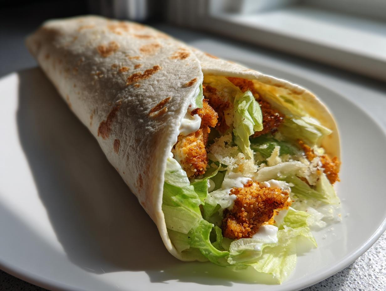 Close-up of a delicious Chicken Caesar Wrap filled with crispy chicken, lettuce, and Caesar dressing.