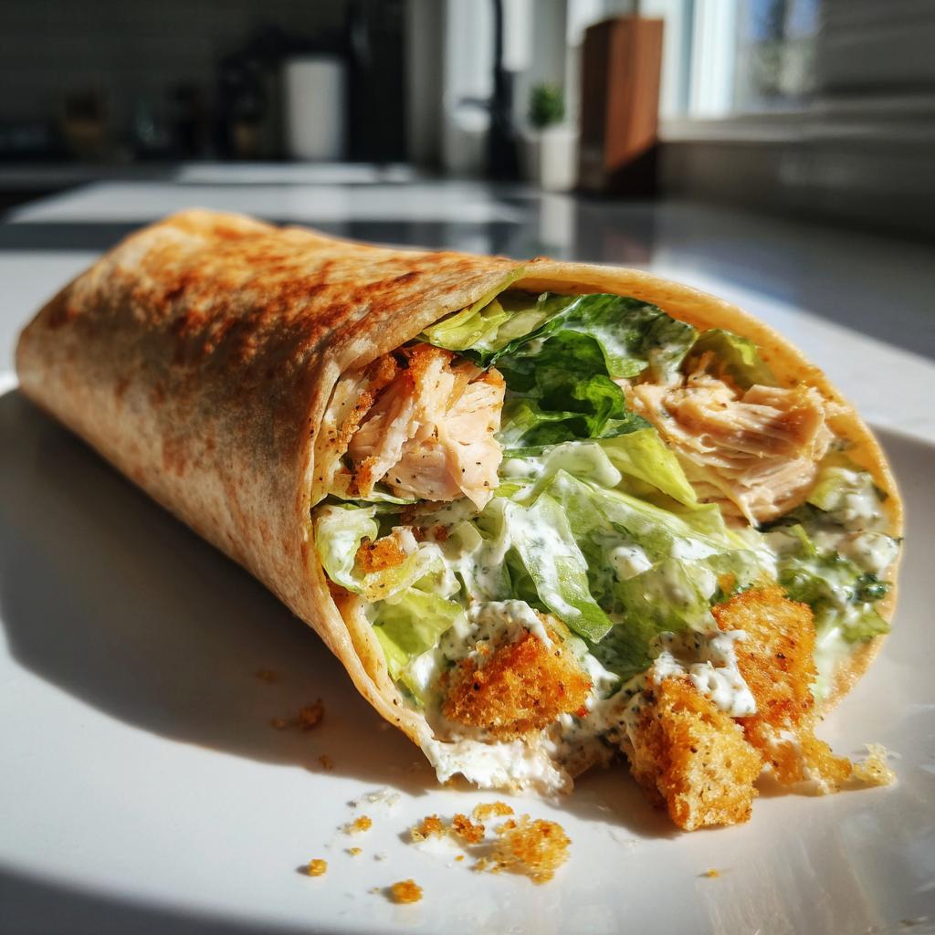 A close-up of a Chicken Caesar Wrap filled with grilled chicken, romaine lettuce, croutons, and creamy Caesar dressing.
