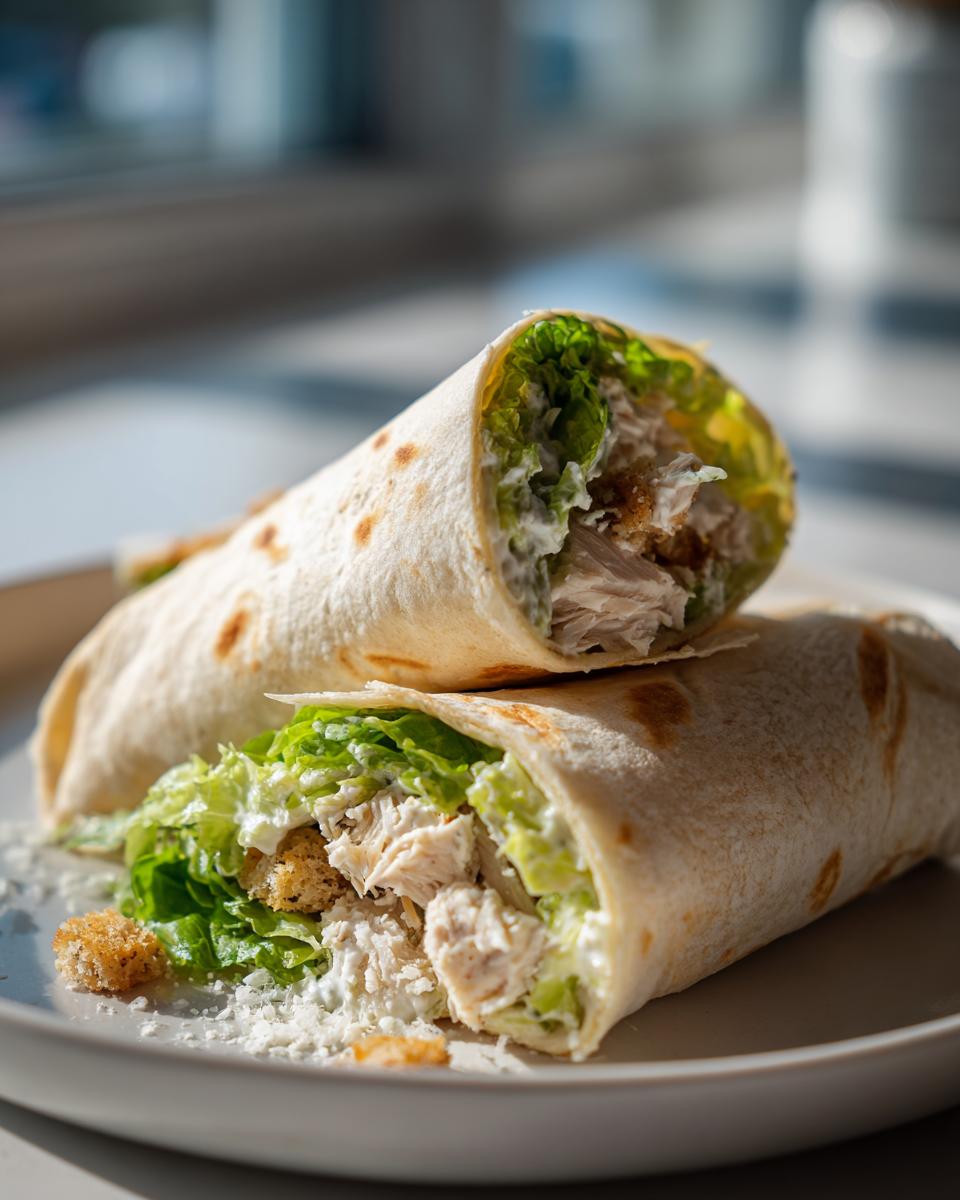 Close-up of two Chicken Caesar Wraps on a plate, filled with shredded chicken, lettuce, and creamy dressing.