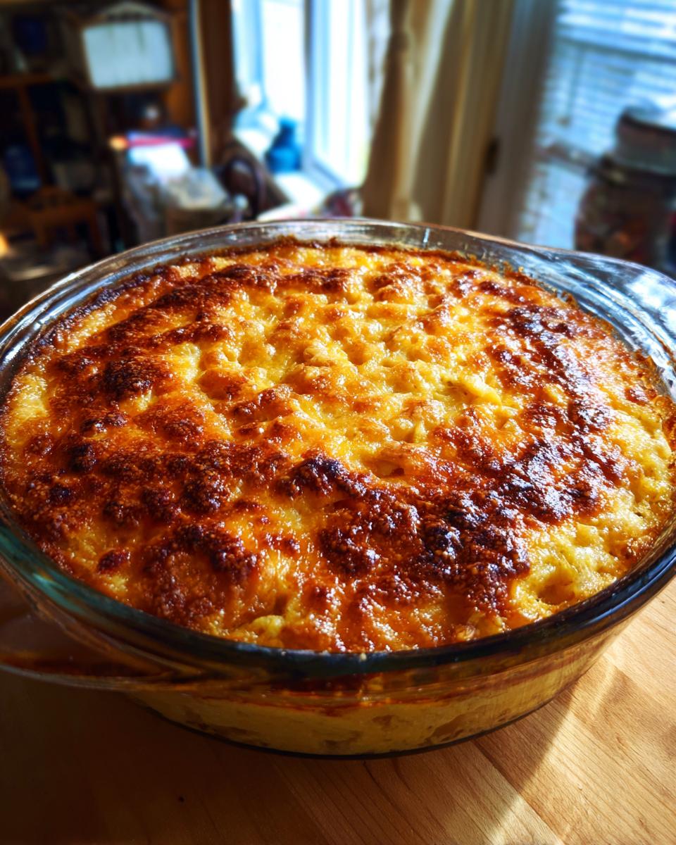 Overhead shot of a freshly baked chicken casserole recipe in a glass dish with a golden-brown crust.