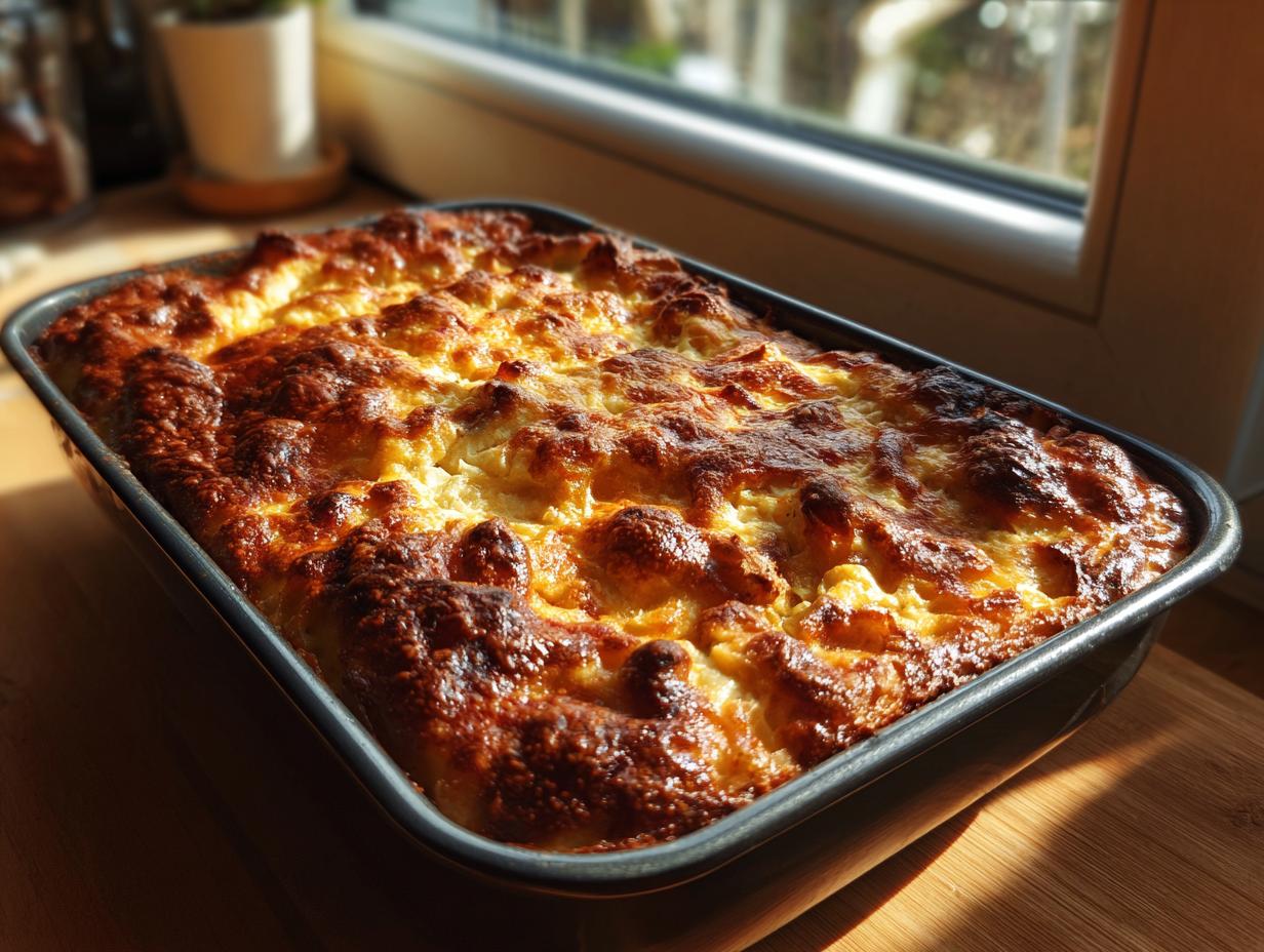 A freshly baked chicken casserole recipe in a baking dish, featuring a golden-brown, bubbly topping.
