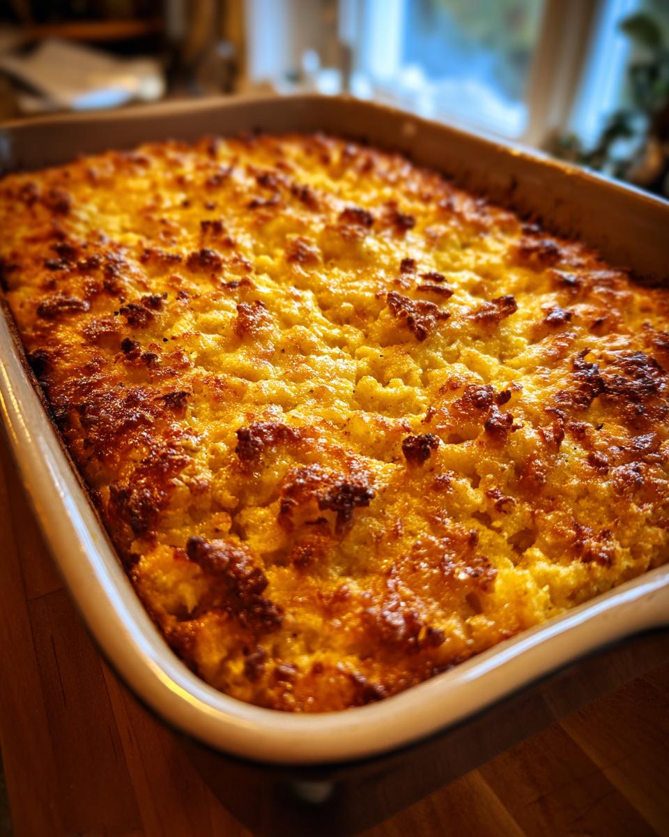 A freshly baked chicken casserole recipe in a ceramic baking dish, golden brown and bubbly.