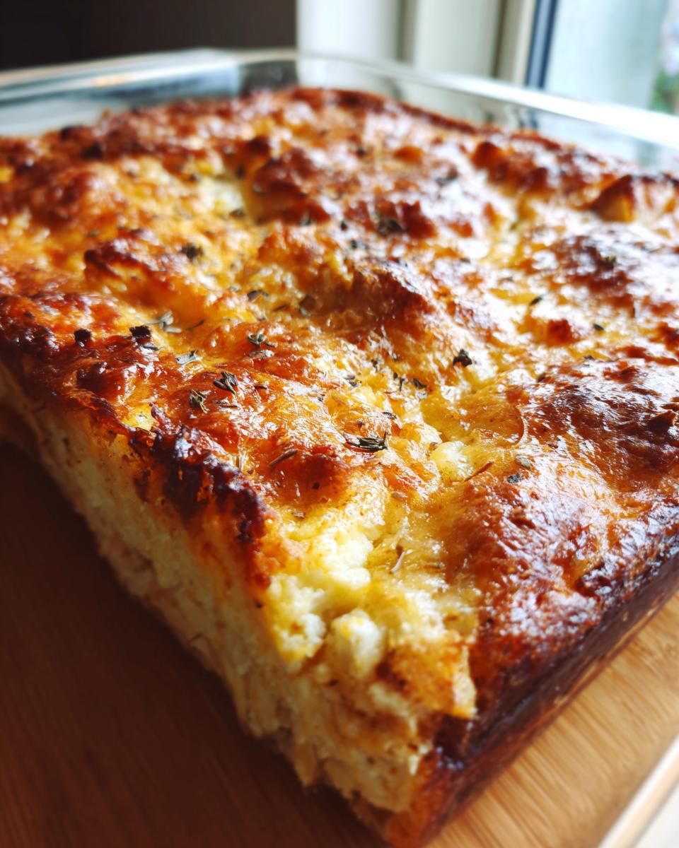 Close-up of a golden-brown chicken casserole, showcasing the cheesy topping and herbs. Perfect for chicken casserole recipes.