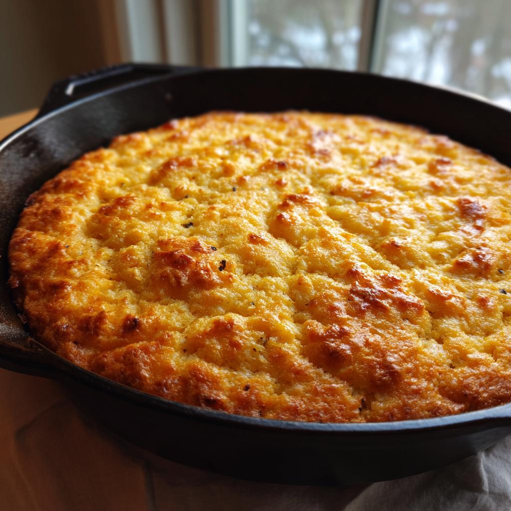 A freshly baked golden chicken casserole in a black cast iron pan, ready to serve.