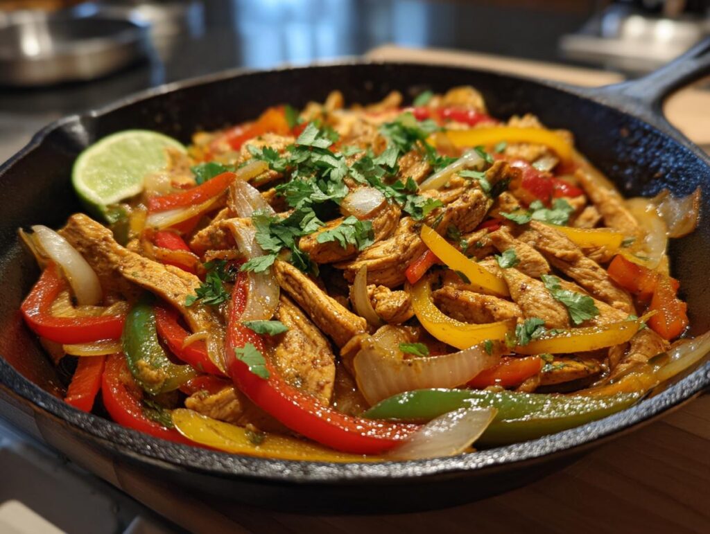 A close-up of a cast iron skillet filled with colorful chicken fajita skillet, featuring sliced chicken breast, bell peppers, and onions, garnished with cilantro and lime.