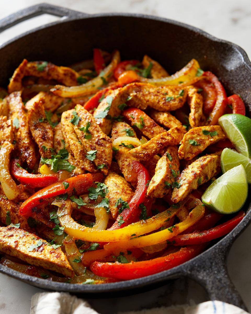 Close-up of a Chicken Fajita Skillet with sliced chicken breast, red and yellow bell peppers, and onions, garnished with cilantro and lime wedges.