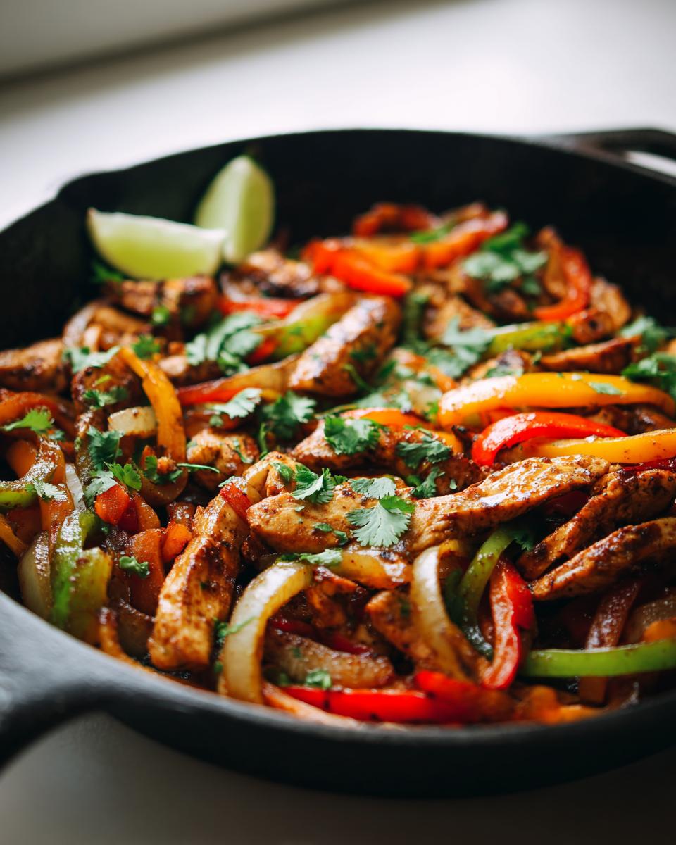 Close-up of a Chicken Fajita Skillet filled with sliced chicken breast, colorful bell peppers, and onions, garnished with cilantro and lime.