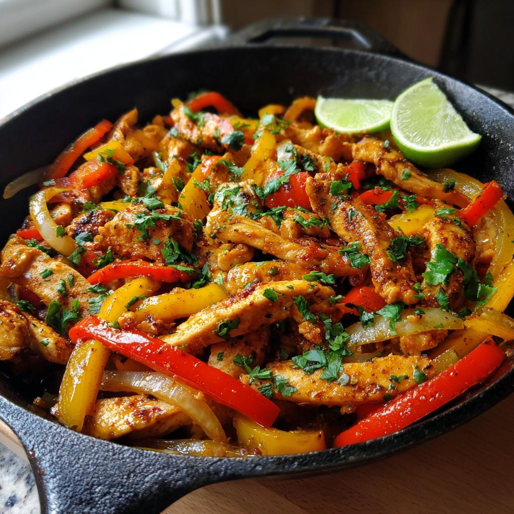 Close-up of a cast-iron skillet filled with juicy chicken fajita skillet, colorful bell peppers, and onions, garnished with cilantro and lime wedges.