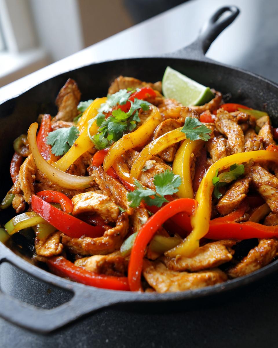 Close-up of a cast iron skillet filled with juicy chicken fajita and colorful bell peppers, garnished with cilantro and lime.