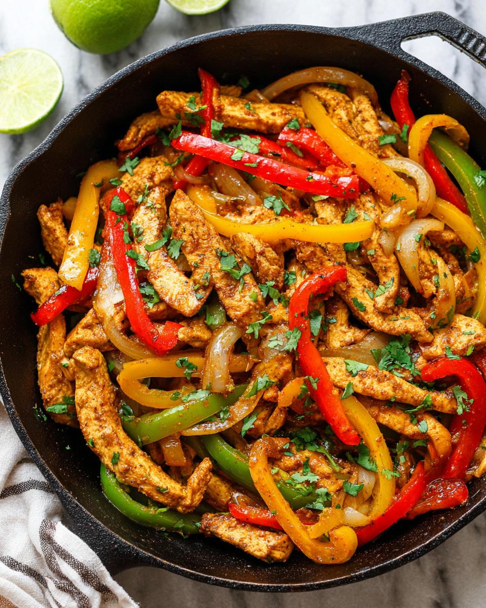 Close-up of a cast iron skillet filled with juicy Chicken Fajita Skillet, featuring sliced chicken breast, red, yellow, and green bell peppers, and onions.