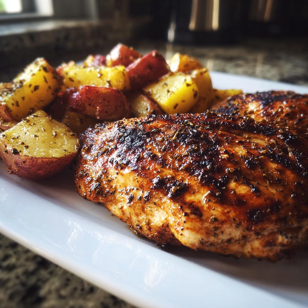 A delicious Chicken Fillet with Crispy Roasted Potatoes, seasoned and plated on a white dish.