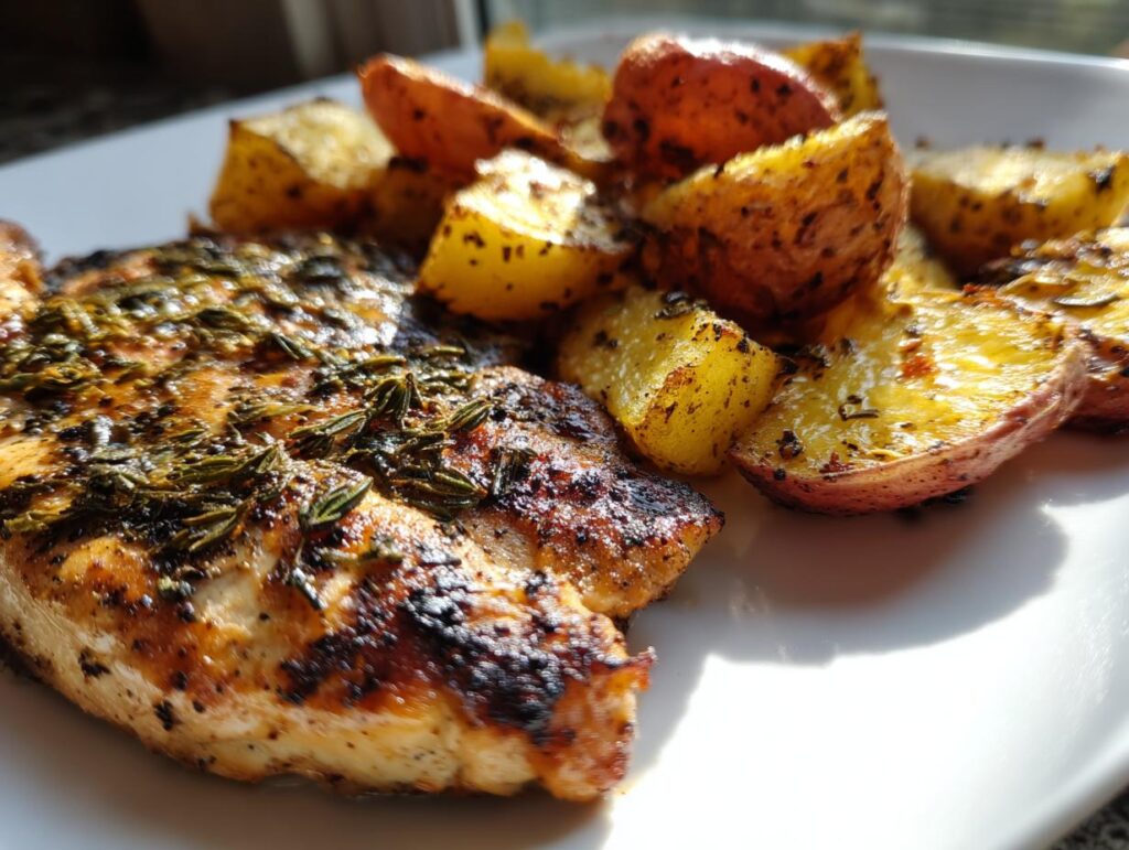 A plate of flavorful Chicken Fillet with Crispy Roasted Potatoes, seasoned with herbs.