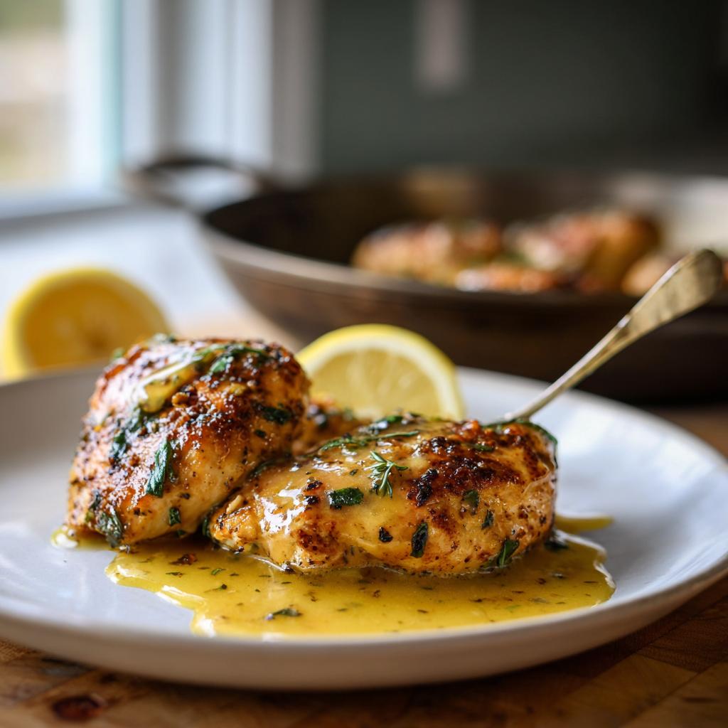 Two pieces of chicken with lemon butter sauce on a plate, garnished with herbs and lemon slices.