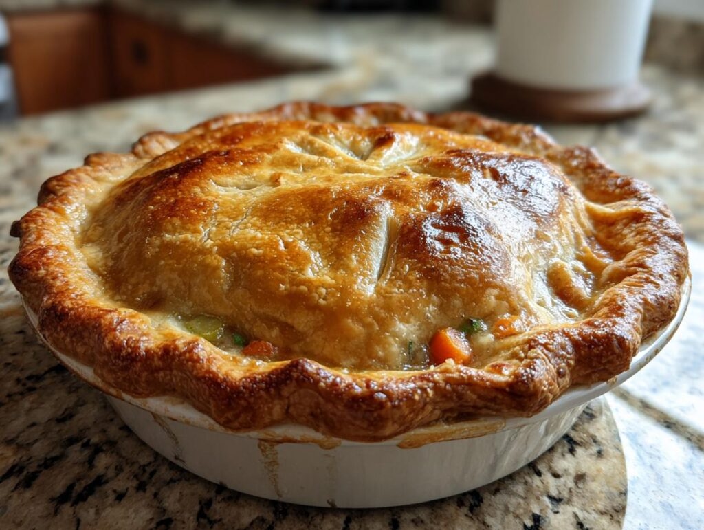 Golden brown chicken pot pie, a classic choice for comfort food dinners. Features a flaky crust and savory filling.