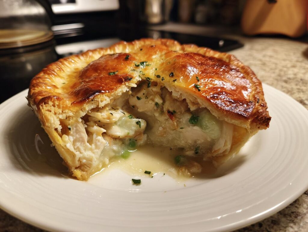 A delicious chicken pot pie, a comforting dish with a flaky crust and creamy filling. Perfect comfort food.