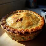 Golden brown chicken pot pie, a perfect example of comfort food dinners, with flaky crust and visible filling.