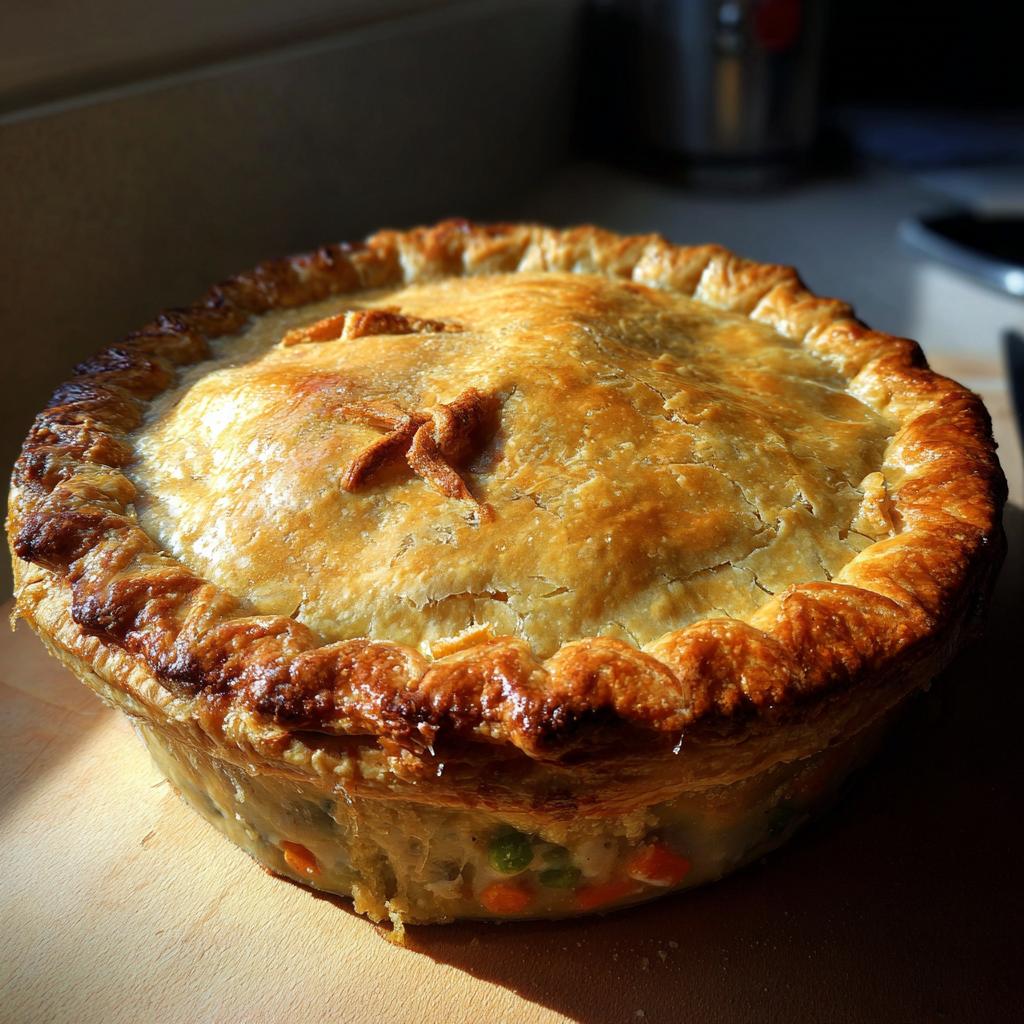 Golden brown chicken pot pie, a perfect example of comfort food dinners, with flaky crust and visible filling.