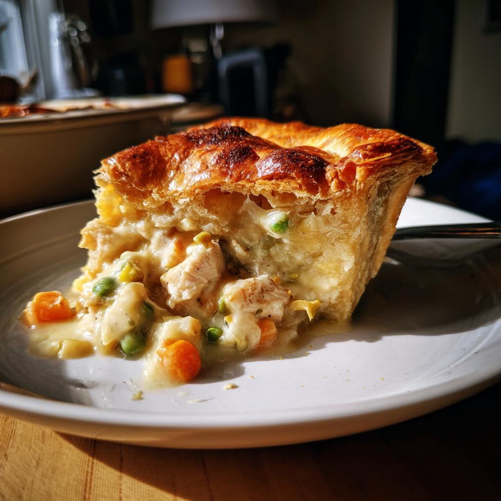 A slice of chicken pot pie, a comforting food, with flaky crust, chicken, peas, and carrots in a creamy sauce.