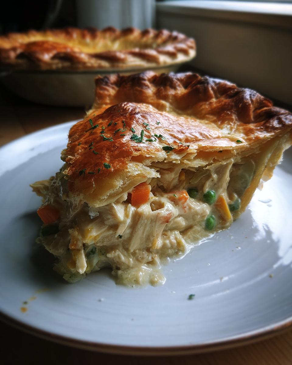 A slice of chicken pot pie, a classic comfort food, with flaky crust, chicken, and vegetables.