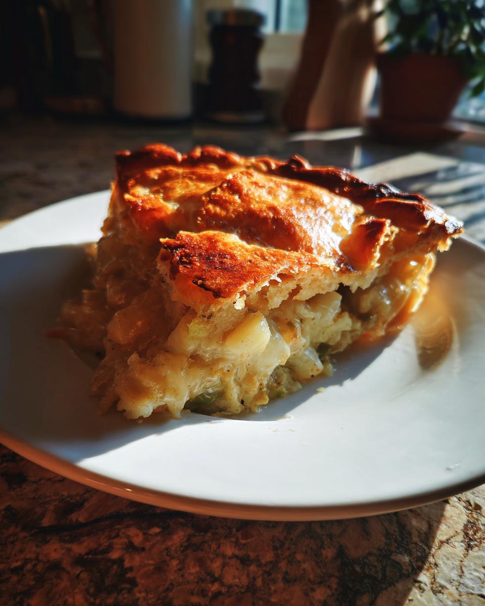 A slice of chicken pot pie, a classic comfort food, with a golden crust on a white plate.