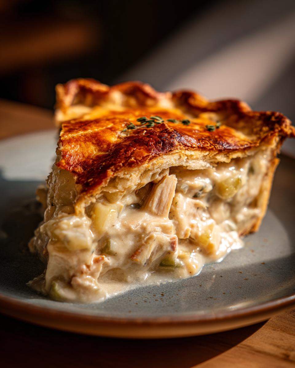 A slice of chicken pot pie, a classic comfort food, with a golden crust and creamy filling on a gray plate.