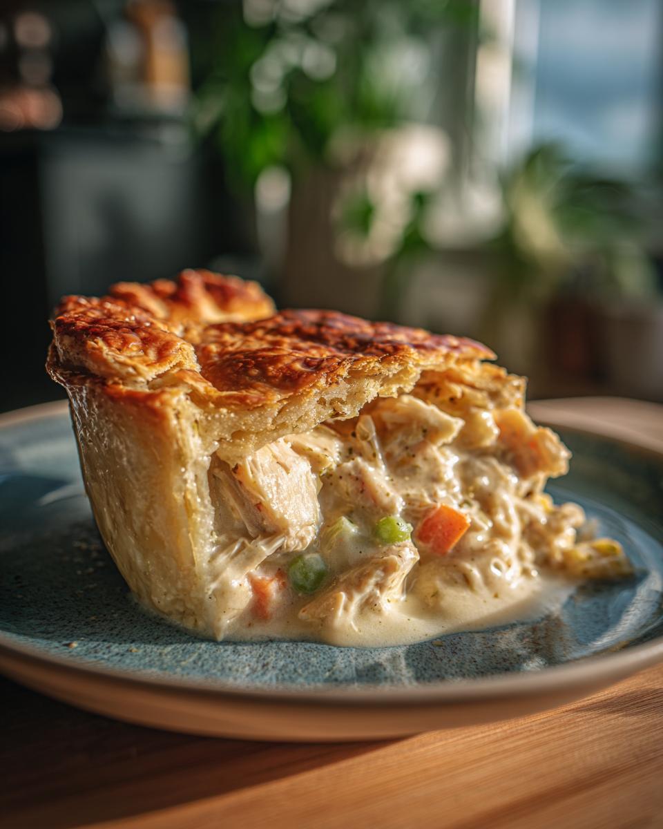 A slice of chicken pot pie, a classic comfort food, with flaky crust and creamy filling of chicken and vegetables.