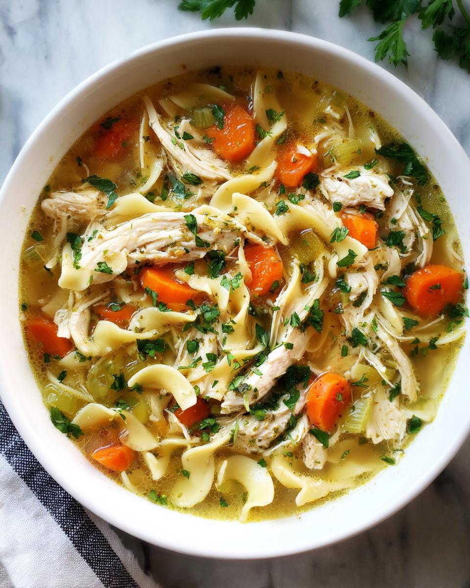 Overhead view of a bowl of best chicken soups, featuring noodles, carrots, celery, and shredded chicken.