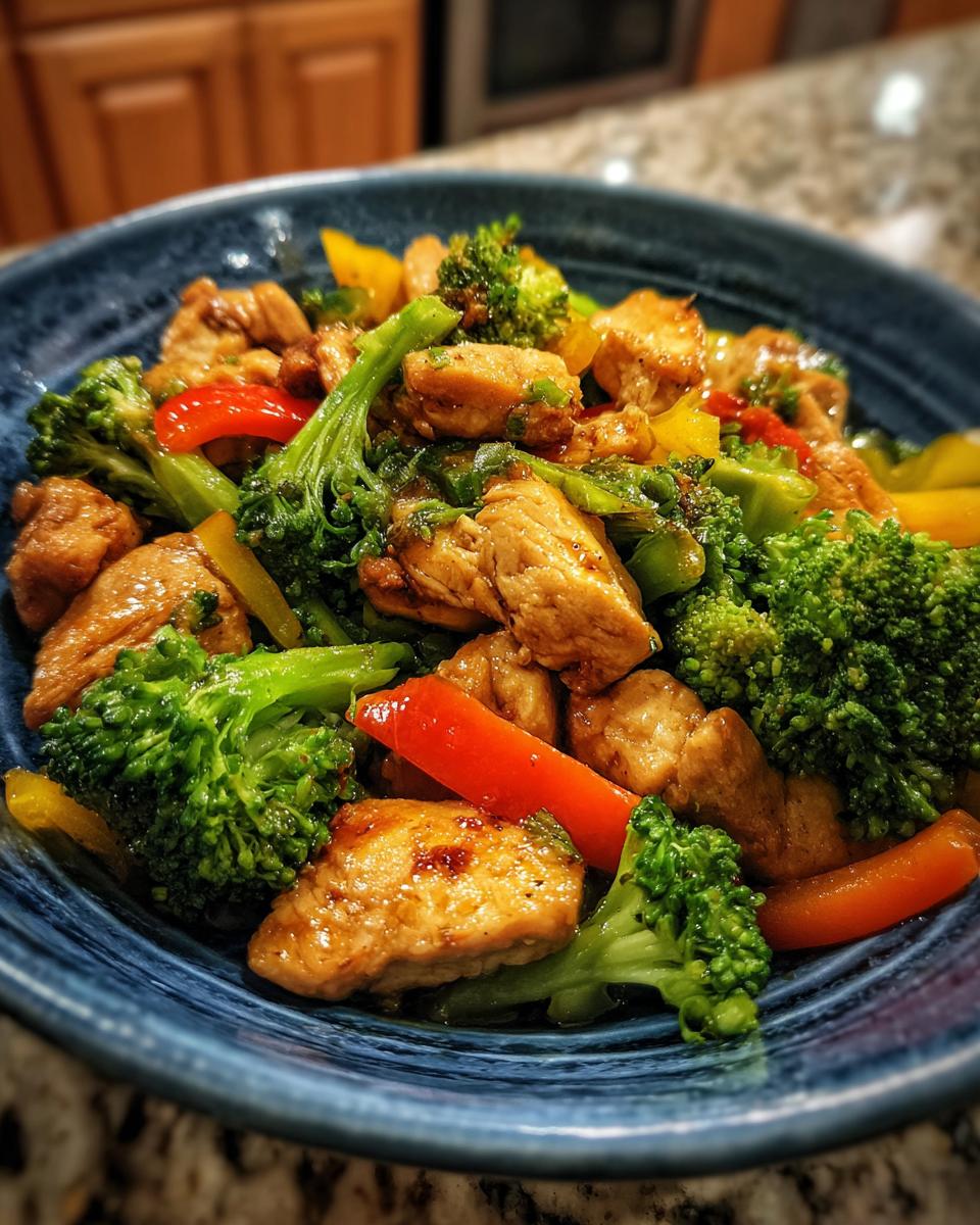 A colorful chicken stir-fry with broccoli, peppers, and a savory sauce, perfect for quick healthy dinners.