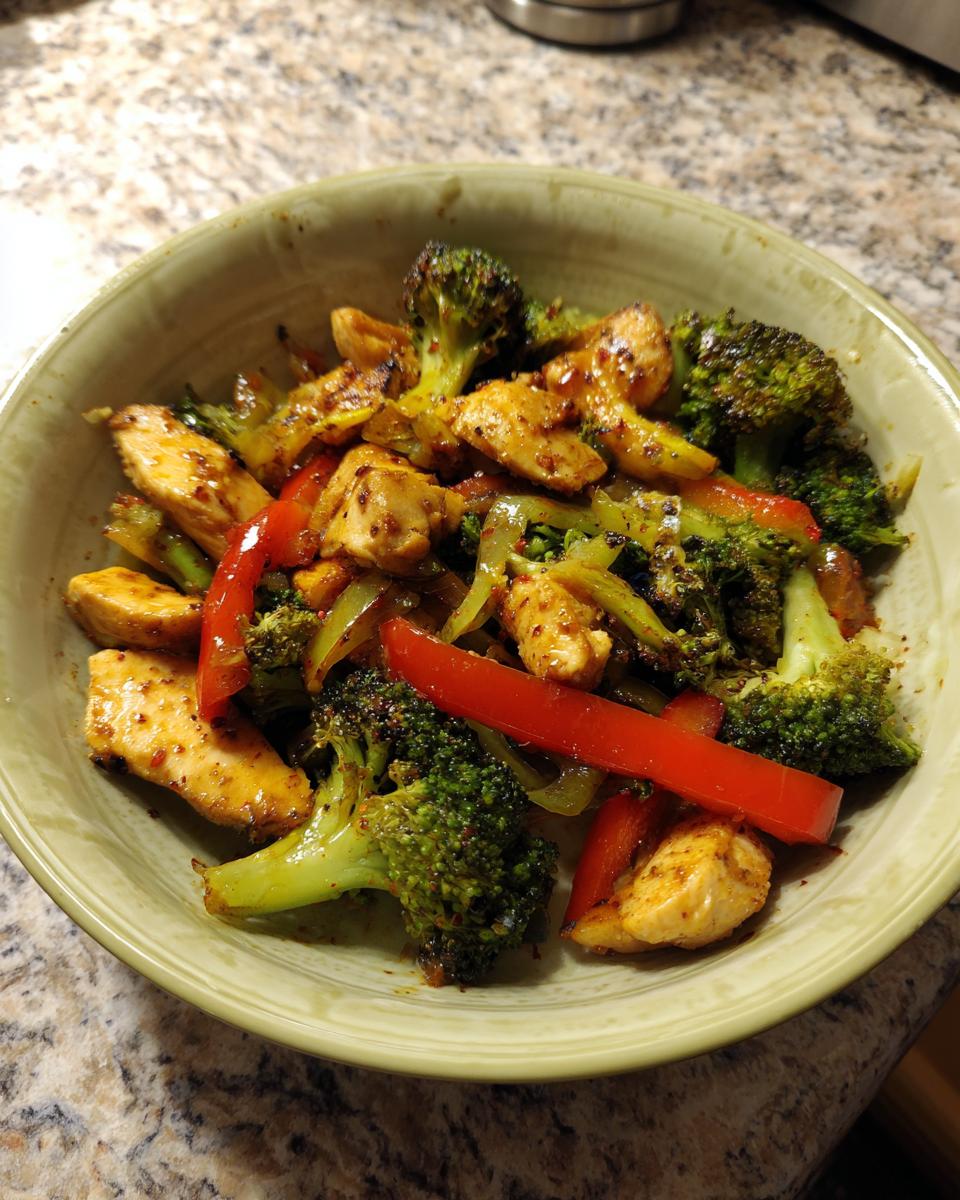 A bowl of chicken stir-fry with broccoli and red peppers, perfect for quick healthy dinners.