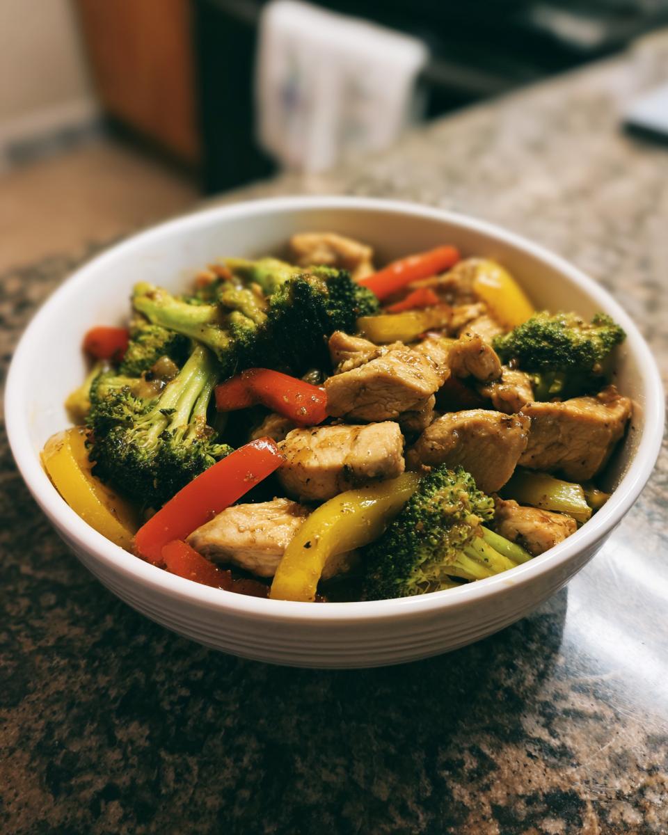 Bowl of chicken stir fry with broccoli, red and yellow peppers. One of our favorite quick healthy dinners.