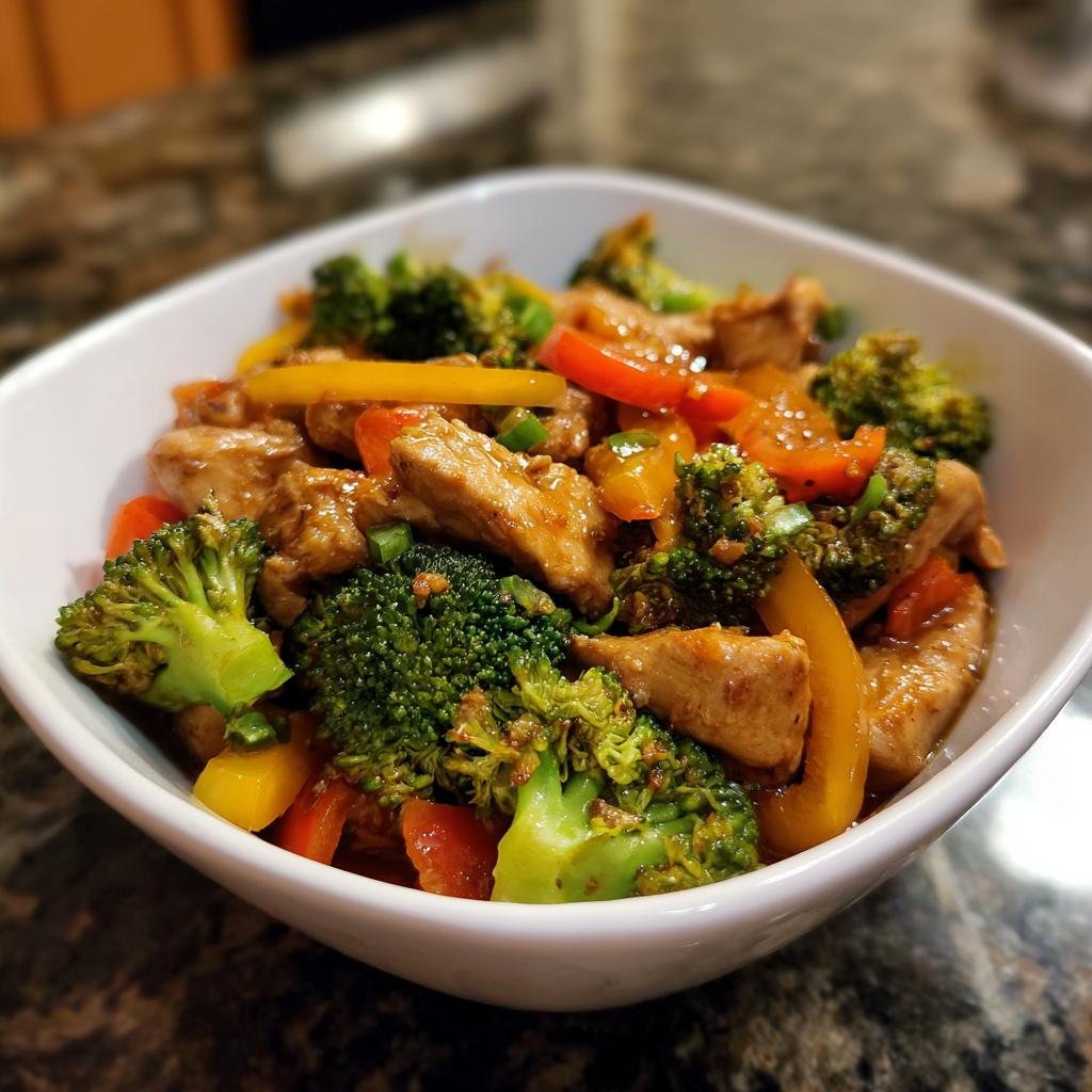 Bowl of chicken stir-fry with broccoli and bell peppers, a quick healthy dinners option.