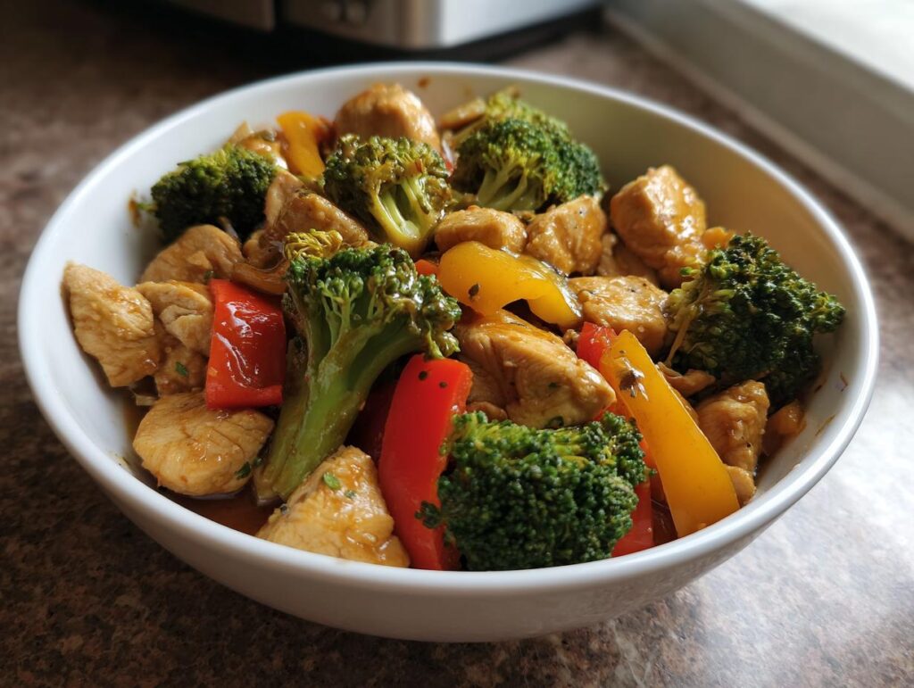 Bowl of chicken and vegetable stir-fry featuring broccoli, red and yellow peppers, for quick healthy dinners.