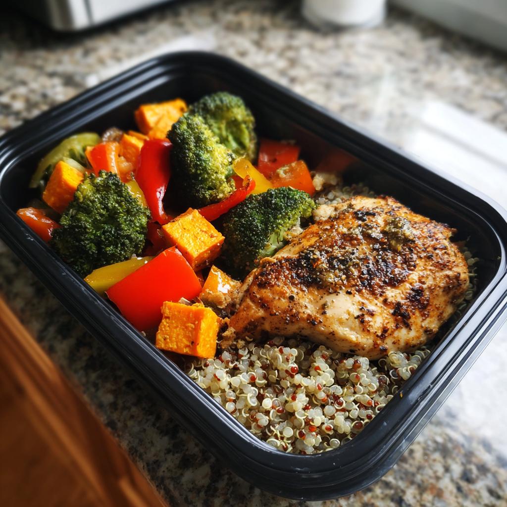 Prepared container with chicken, quinoa, broccoli, peppers, and sweet potatoes for a simple weight loss meal prep.