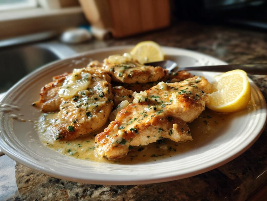 Plate of chicken with lemon butter sauce, garnished with lemon wedges and fresh herbs.