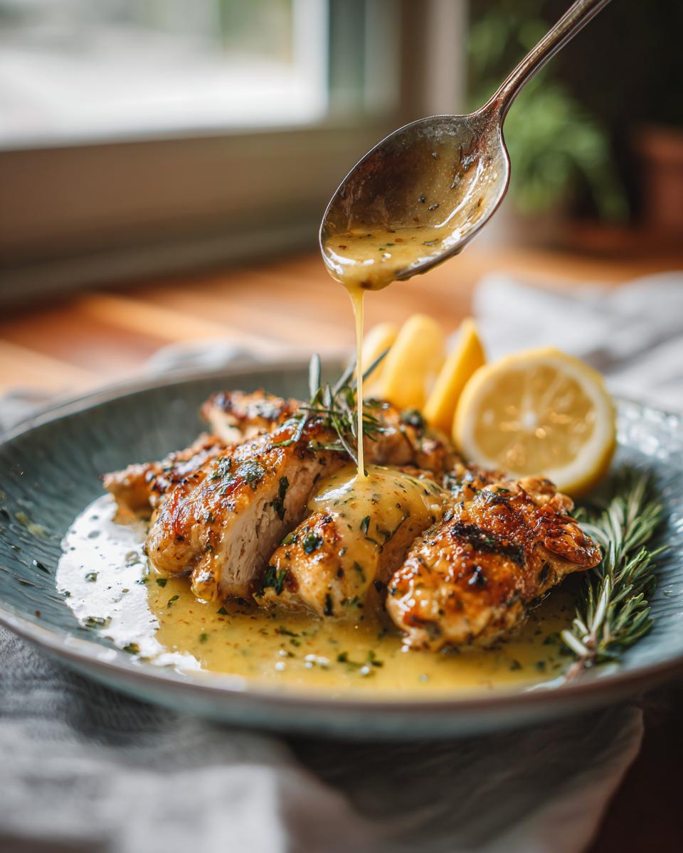 A spoonful of lemon butter sauce being drizzled over sliced chicken with lemon wedges and rosemary garnish. Chicken with lemon butter sauce.