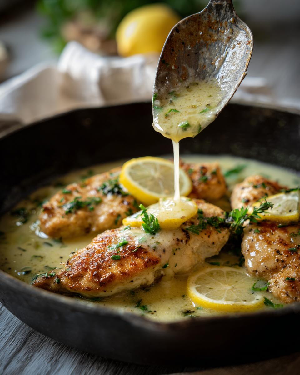 Close-up of chicken with lemon butter sauce being drizzled from a spoon onto chicken breasts in a skillet.