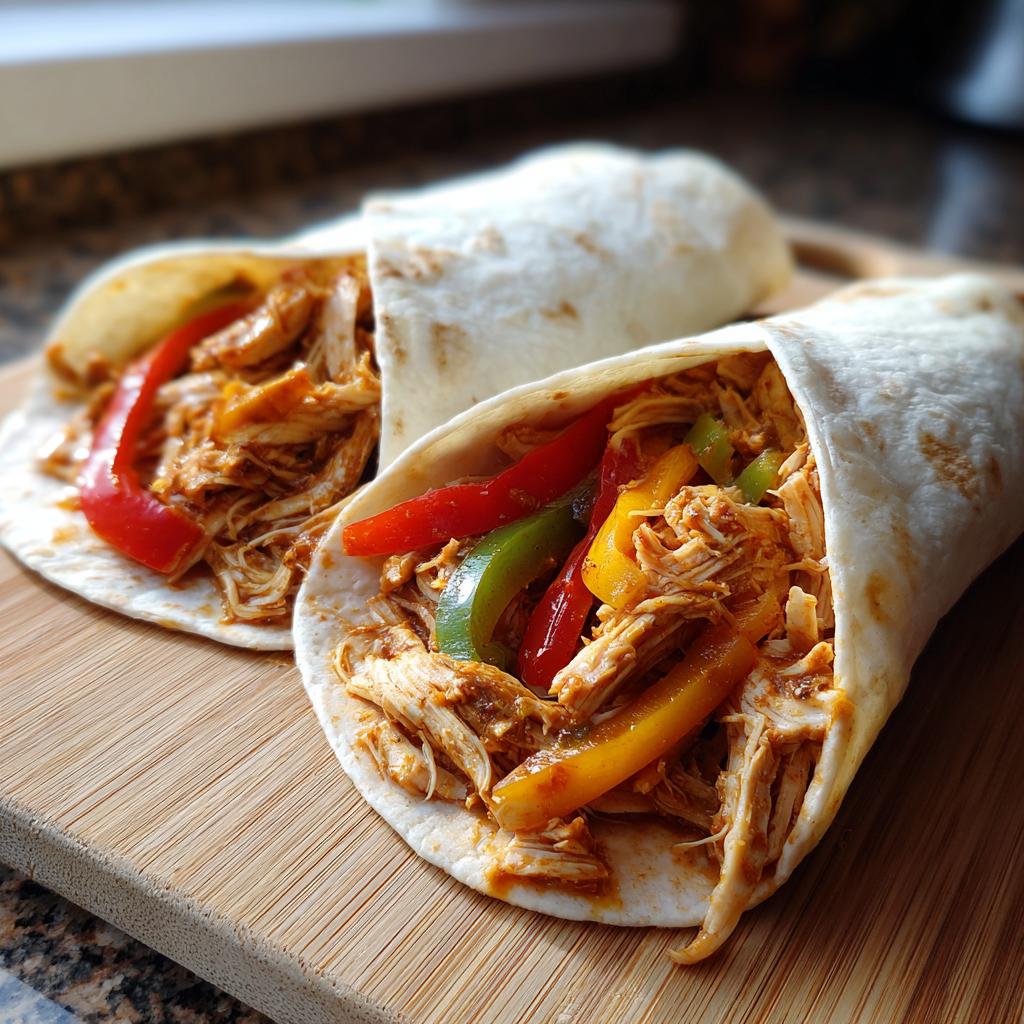 Two chicken wraps filled with shredded chicken and colorful bell peppers, perfect for easy crockpot meals.
