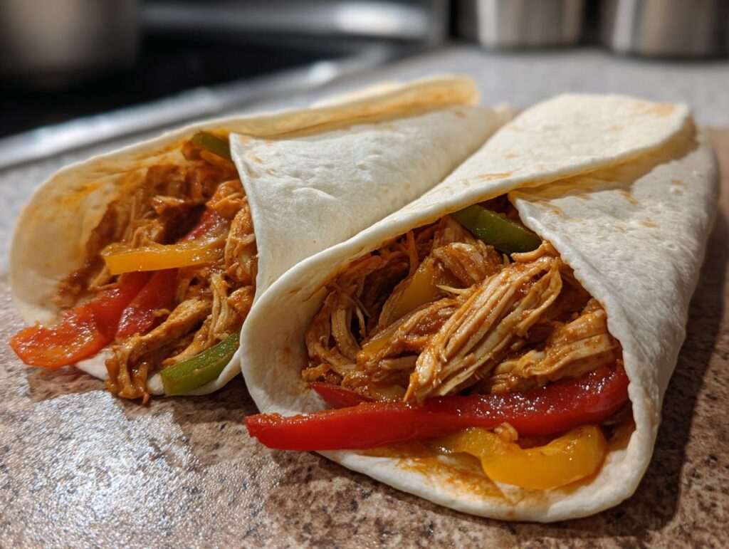 Two chicken wraps filled with shredded chicken and colorful bell peppers, perfect for easy crockpot meals.